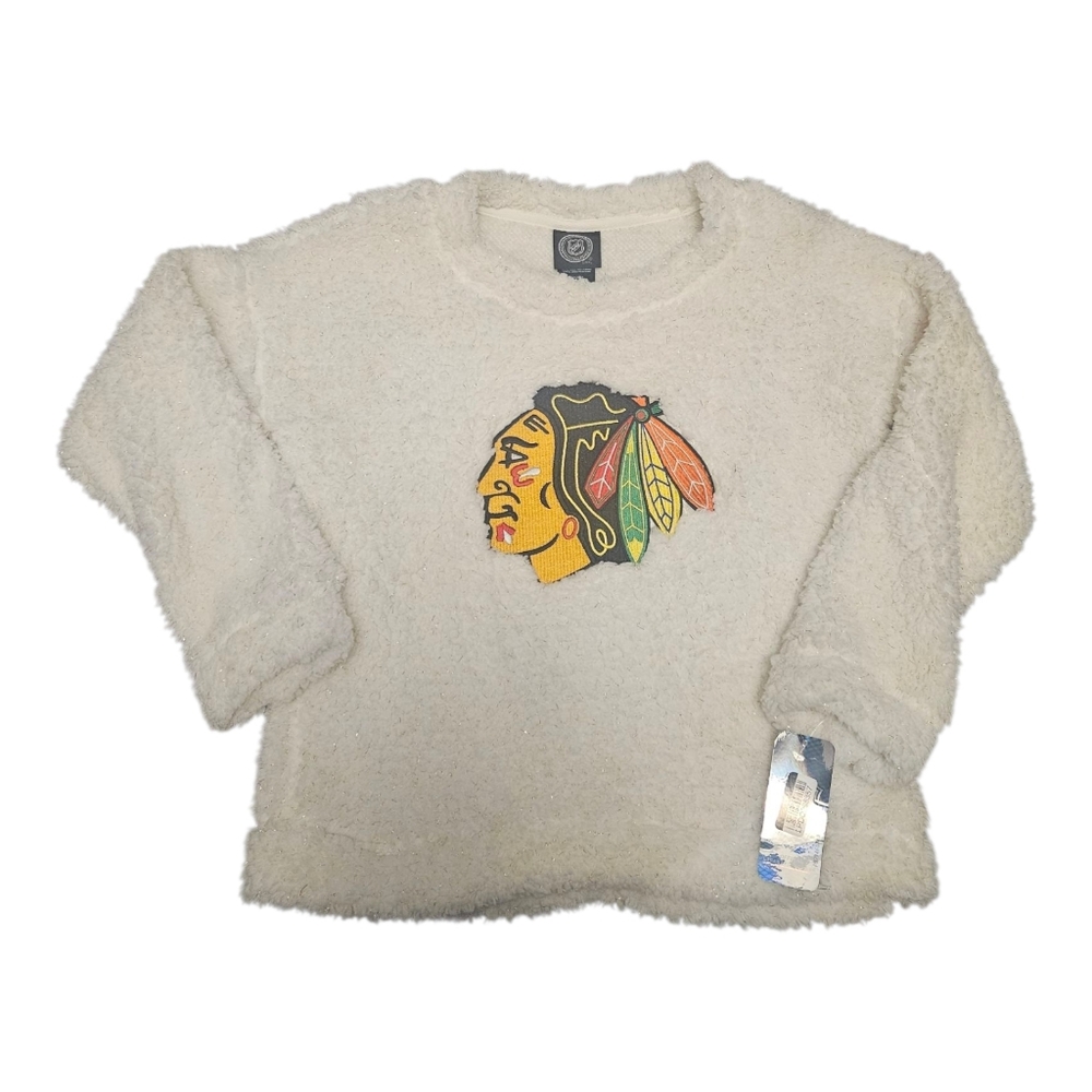 NHL Chicago Blackhawks Girls White W/Metallic Gold Sherpa Pullover Size M 7/8